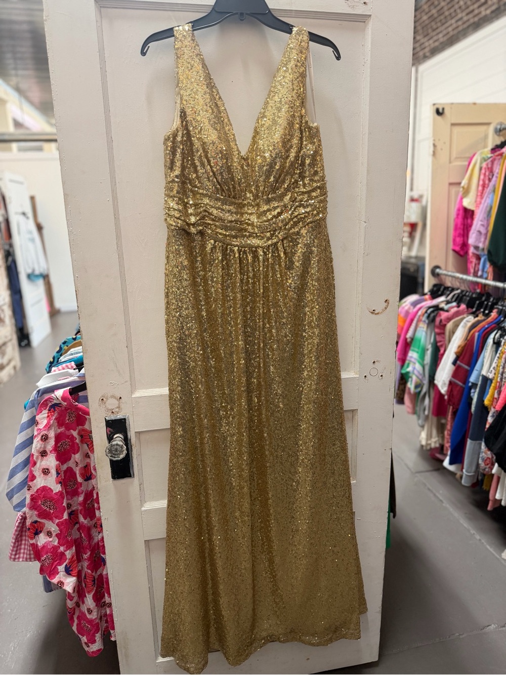 Christina Wu Gold Shiny Sequin Evening Dress